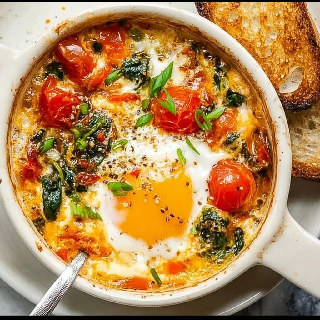 Baked feta eggs with tomatoes and spinach in a baking dish