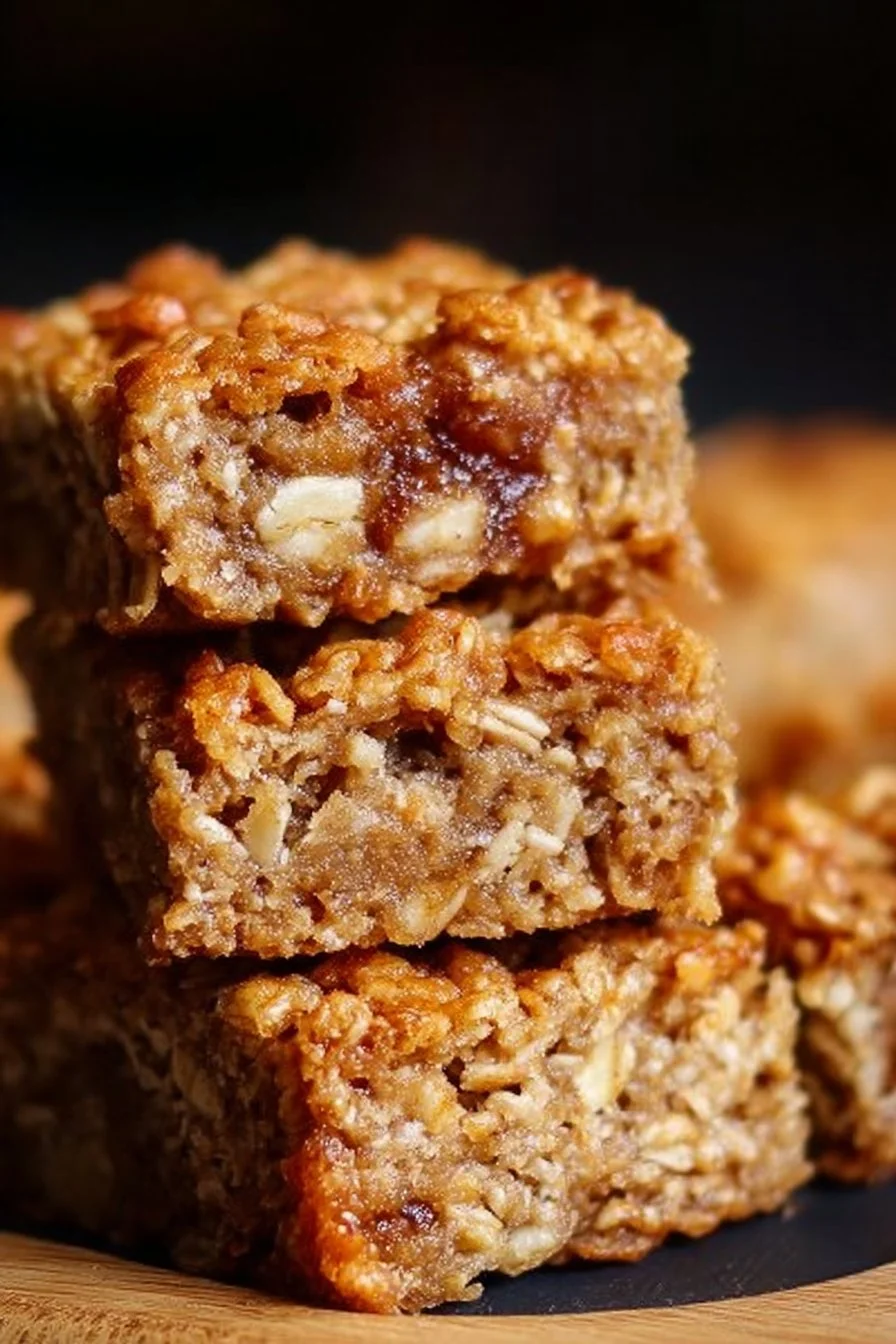 Freshly baked Banana Oatmeal Bars on a wooden table