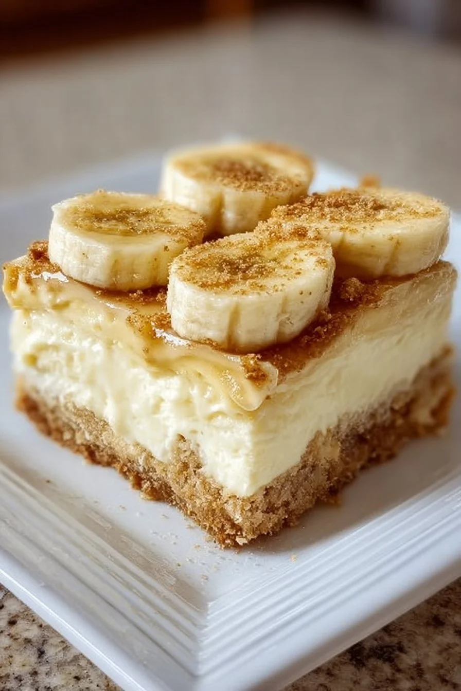 Delicious banana pudding cheesecake squares on a plate, topped with whipped cream.