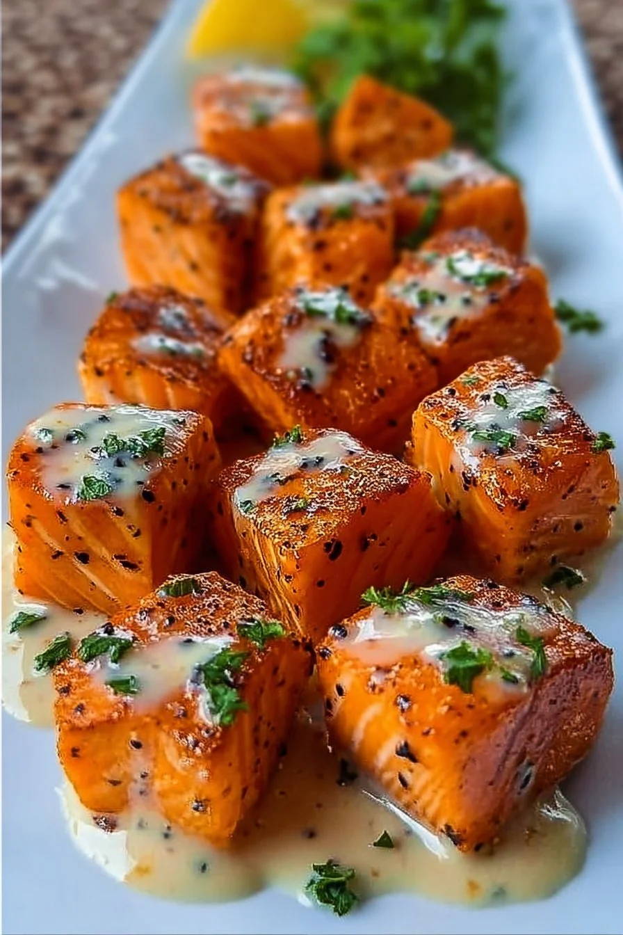 Plate of crispy Bang Bang Salmon Bites, garnished and ready to serve.