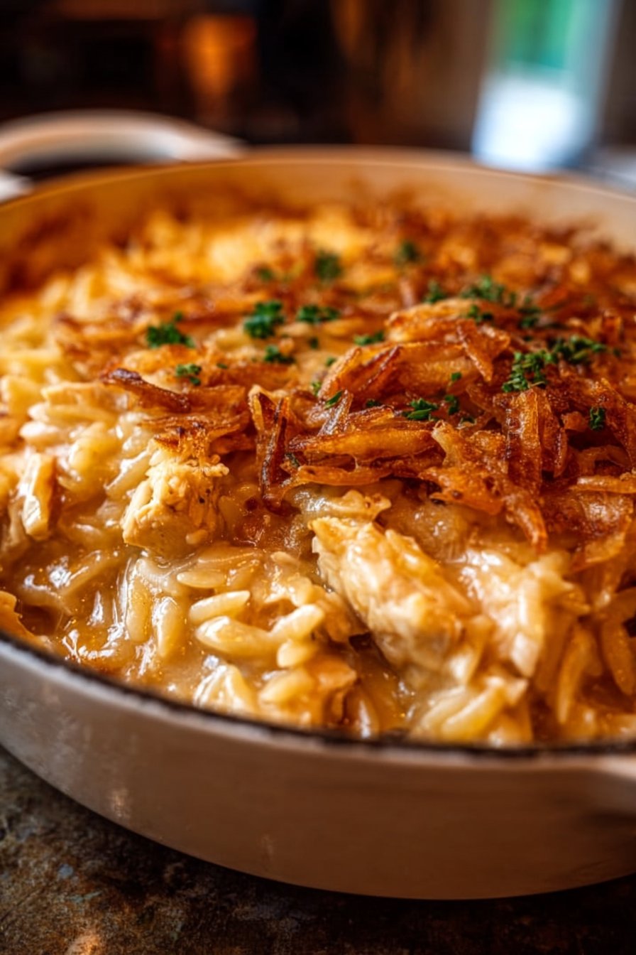 French Onion Chicken Orzo Casserole