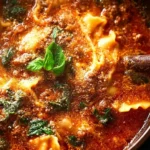 Delicious one-pot lasagna soup served in a bowl with fresh herbs on top.