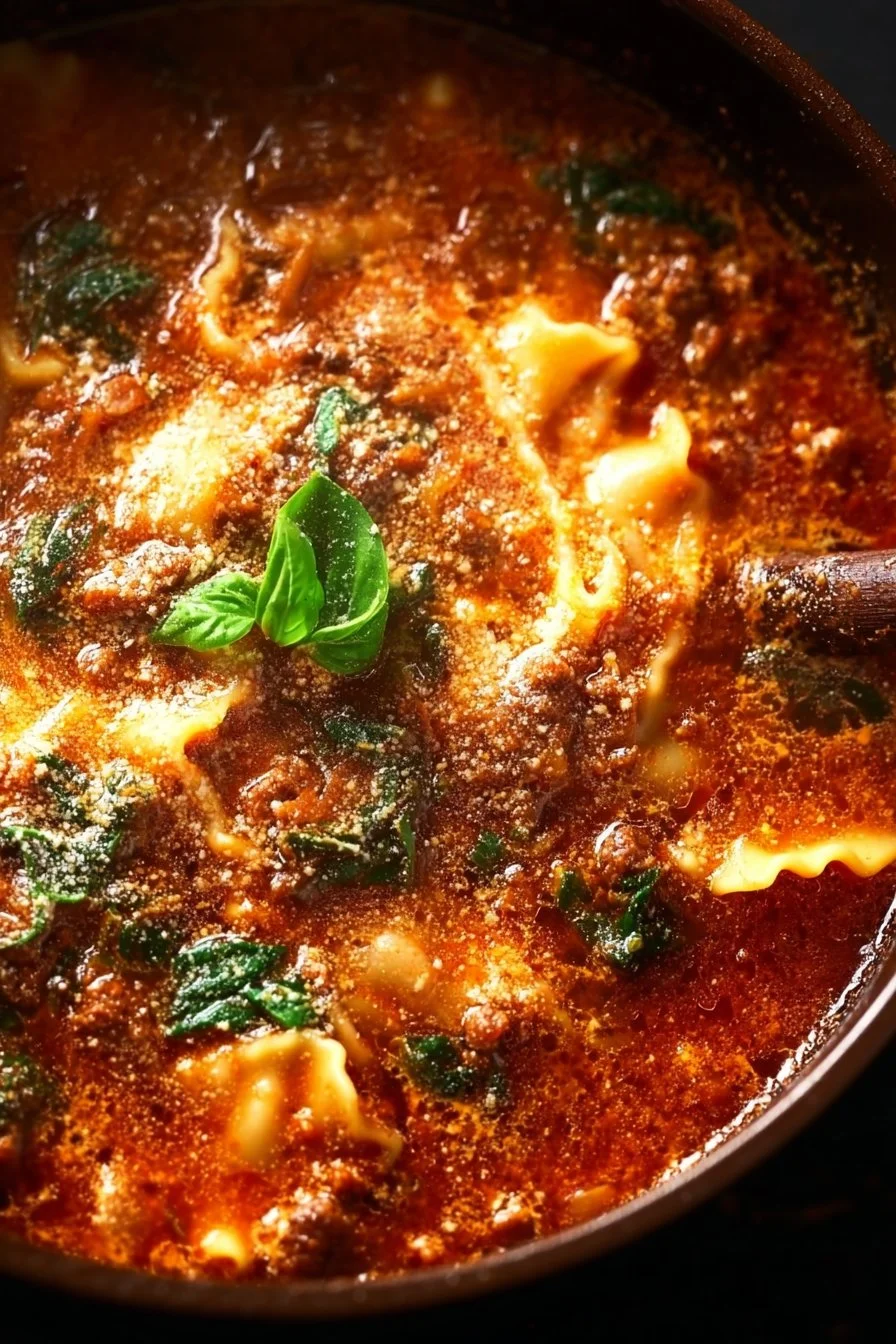 Delicious one-pot lasagna soup served in a bowl with fresh herbs on top.