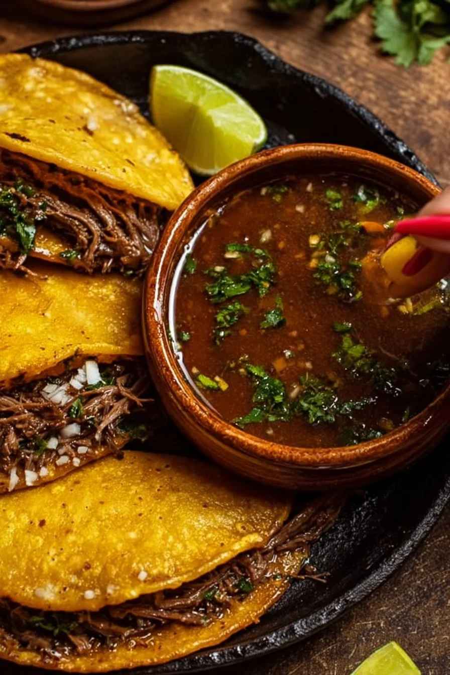 Delicious Birria Tacos served with consommé for dipping.