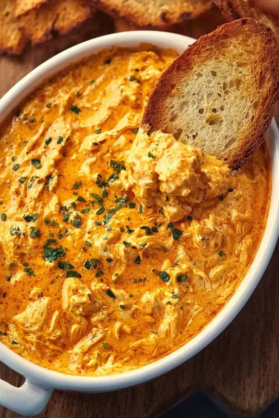 Creamy Buffalo Chicken Dip served in a bowl with tortilla chips