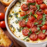 Delicious Caprese Dip with tomatoes, mozzarella, and basil in a serving bowl