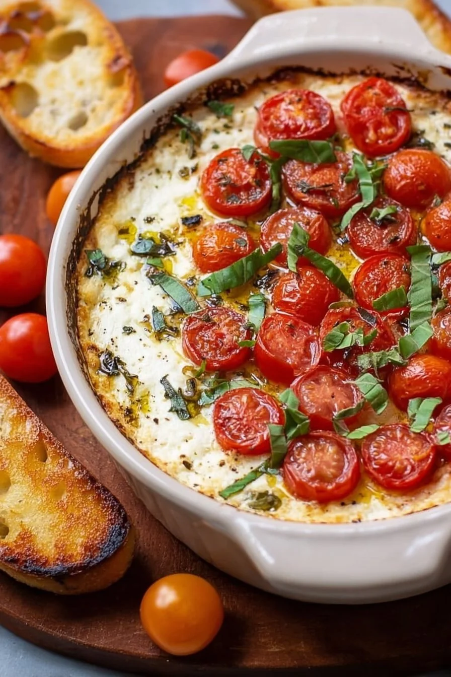 Delicious Caprese Dip with tomatoes, mozzarella, and basil in a serving bowl