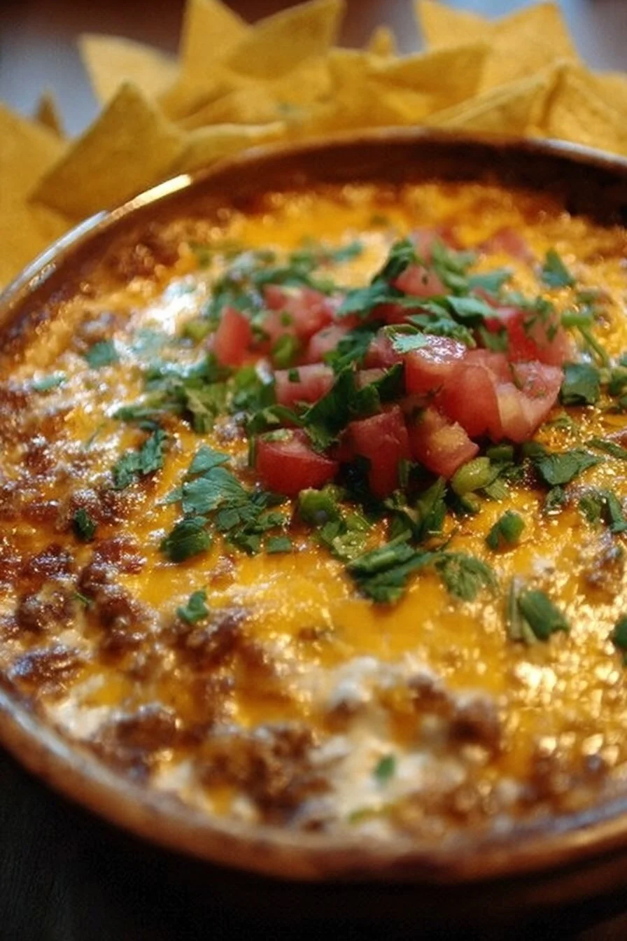 Delicious cheesy bean dip served in a bowl with tortilla chips