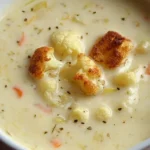 Bowl of Cheesy Cauliflower Soup topped with herbs and cheese