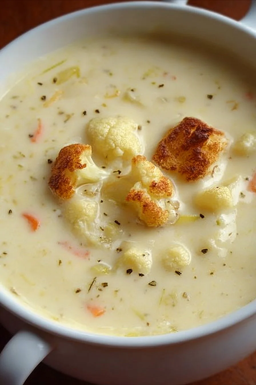Bowl of Cheesy Cauliflower Soup topped with herbs and cheese