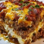 Cheesy meatloaf casserole served in a baking dish with cheese melted on top