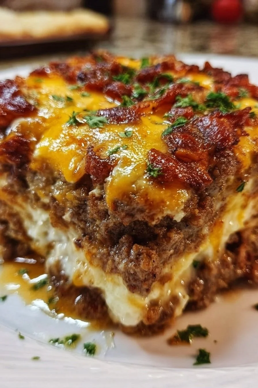 Cheesy meatloaf casserole served in a baking dish with cheese melted on top