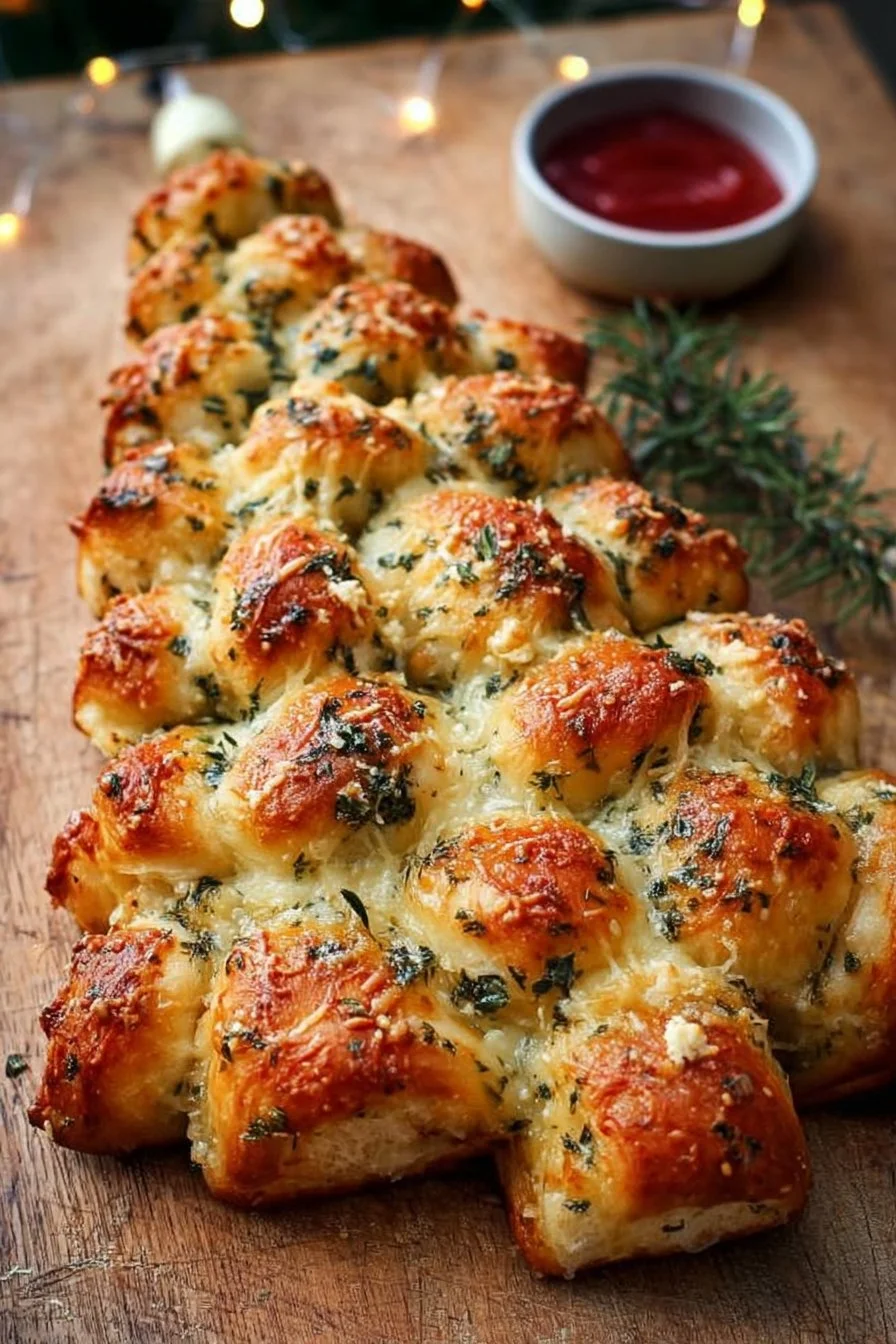 Cheesy pull apart garlic-butter Christmas tree bread fresh out of the oven.