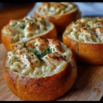 Delicious Chicken Alfredo garlic bread bowl filled with creamy pasta and chicken.