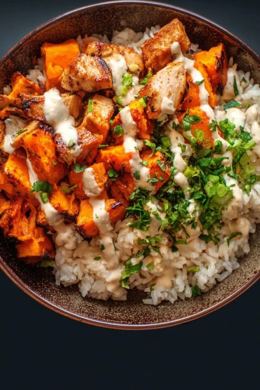 Healthy Chicken Rice Bowl with sweet potatoes and vegetables