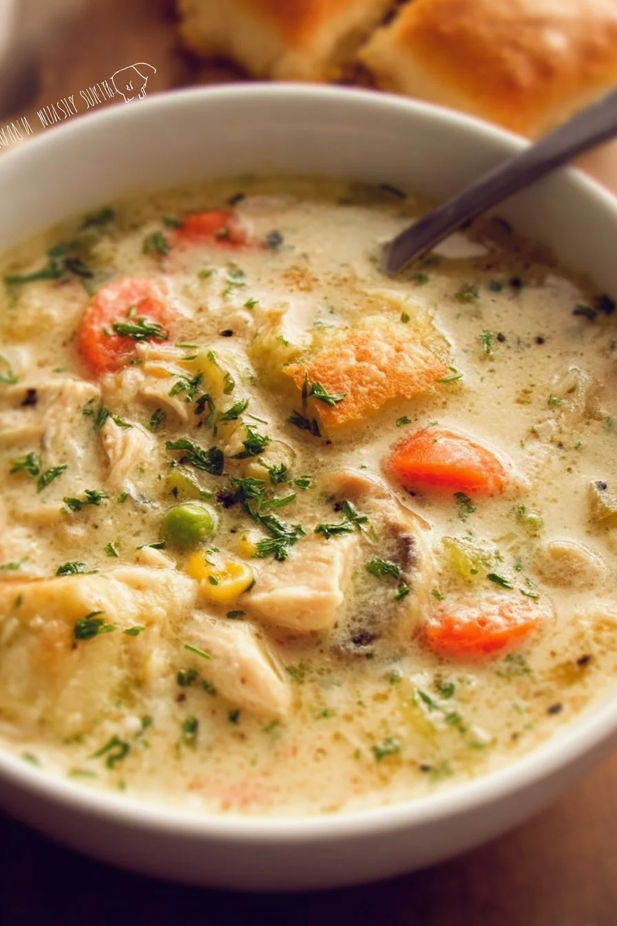 Delicious Chicken Pot Pie Soup served in a bowl with vegetables and herbs