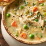 Delicious Chicken Pot Pie Soup bowl filled with chicken, vegetables, and creamy broth