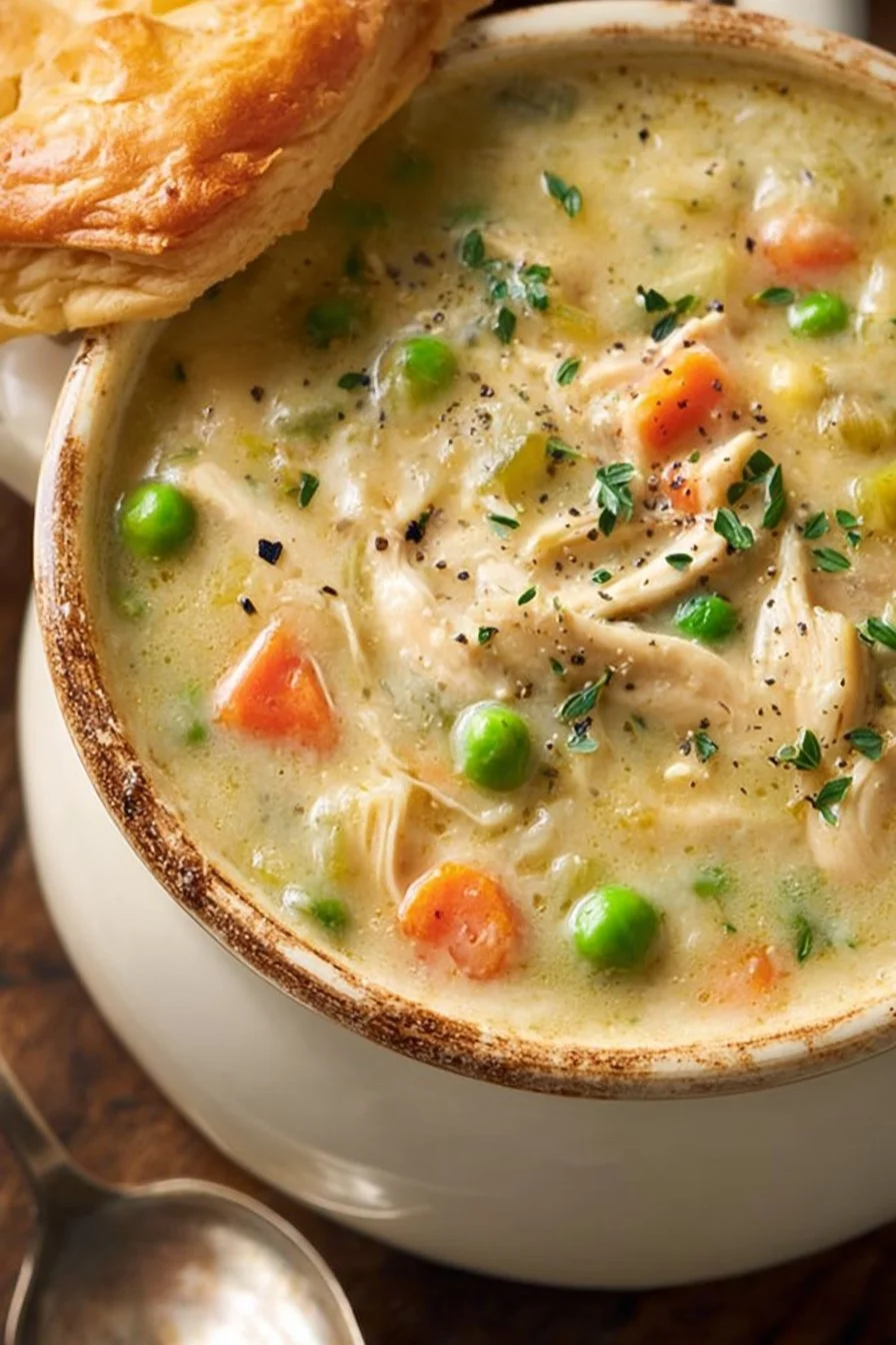 Delicious Chicken Pot Pie Soup bowl filled with chicken, vegetables, and creamy broth