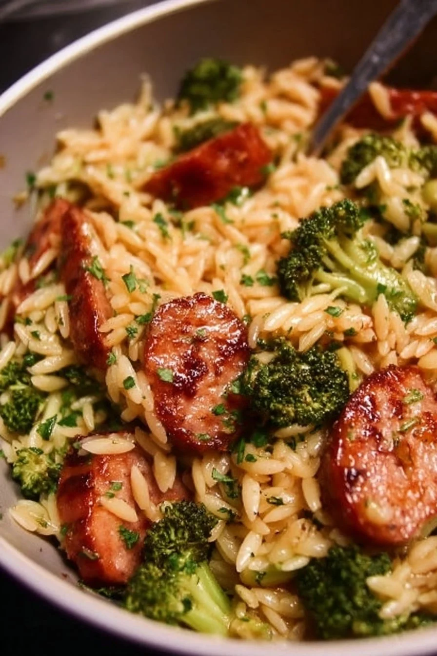 Delicious chicken sausage with broccoli and orzo in a colorful bowl.