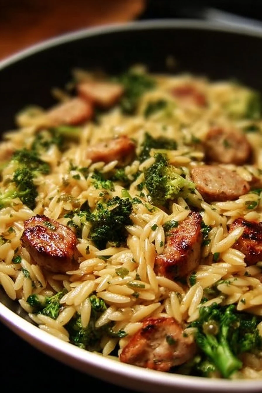 Delicious chicken sausage and broccoli orzo dish served in a bowl