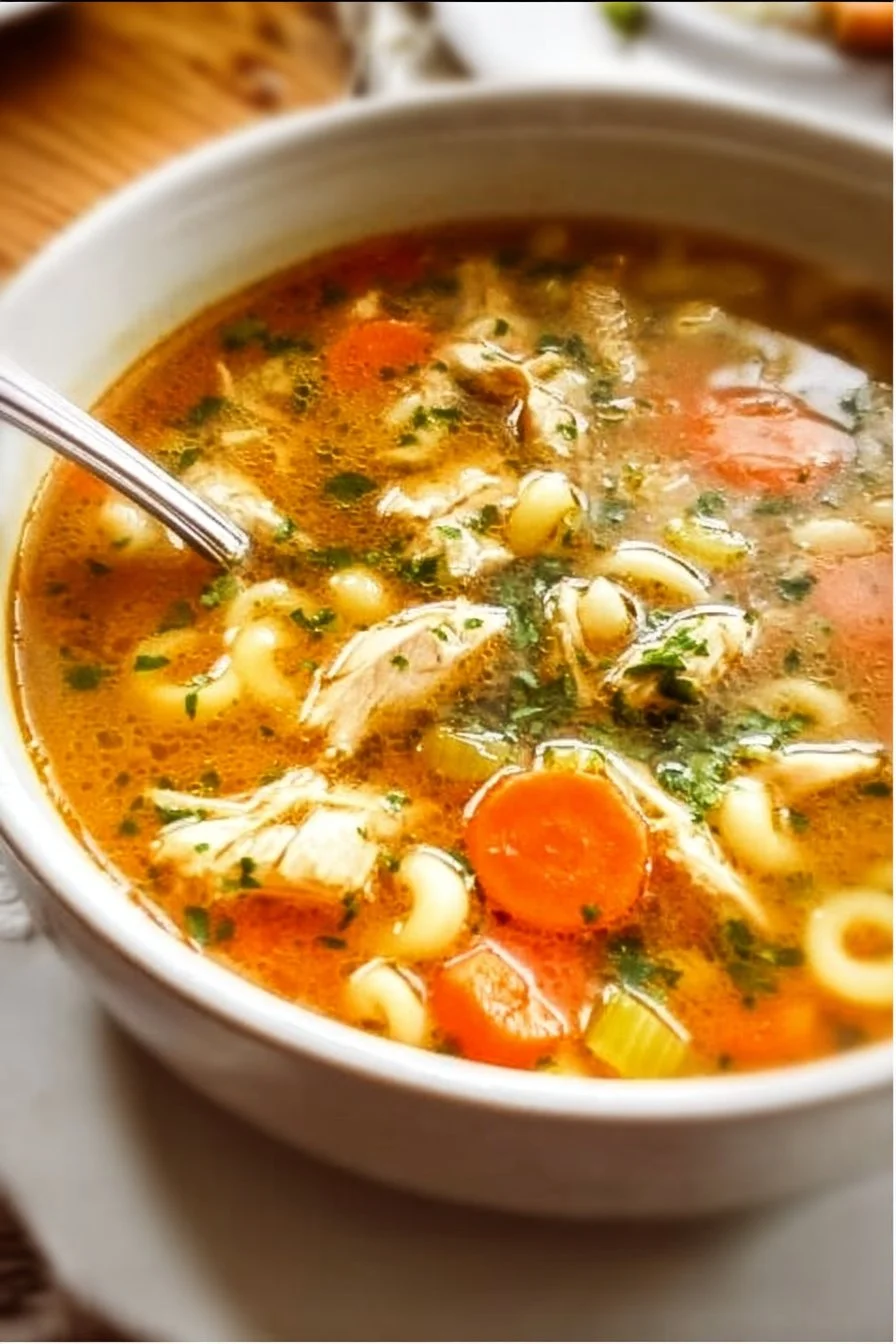 Bowl of homemade chicken soup with vegetables and herbs