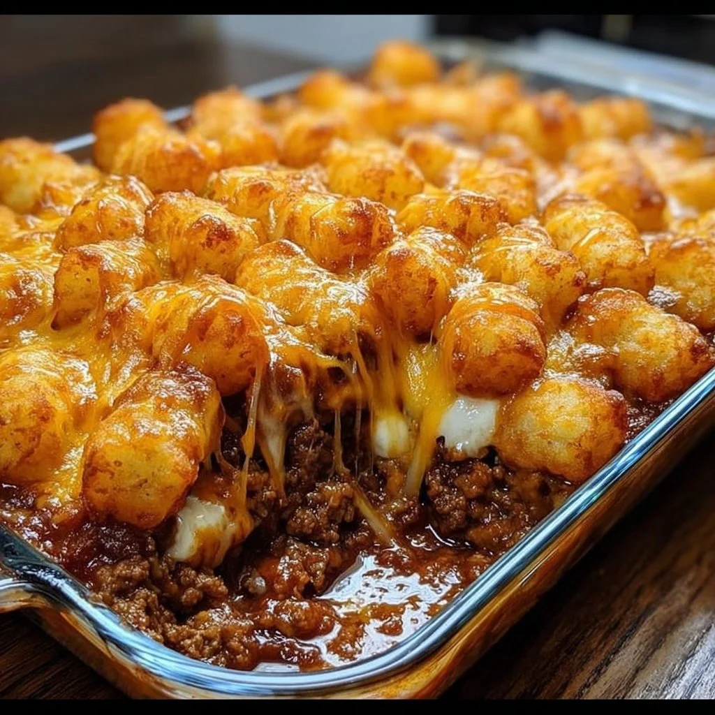 Delicious Chili Cheese Tater Tot Casserole topped with melted cheese and crispy tater tots.