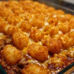 Delicious Chili Cheese Tater Tot Casserole baked to perfection