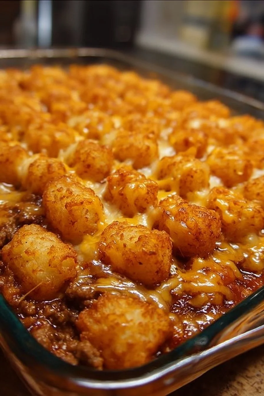 Delicious Chili Cheese Tater Tot Casserole baked to perfection