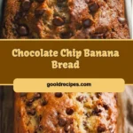 Slice of chocolate chip banana bread with chocolate chips and banana slices