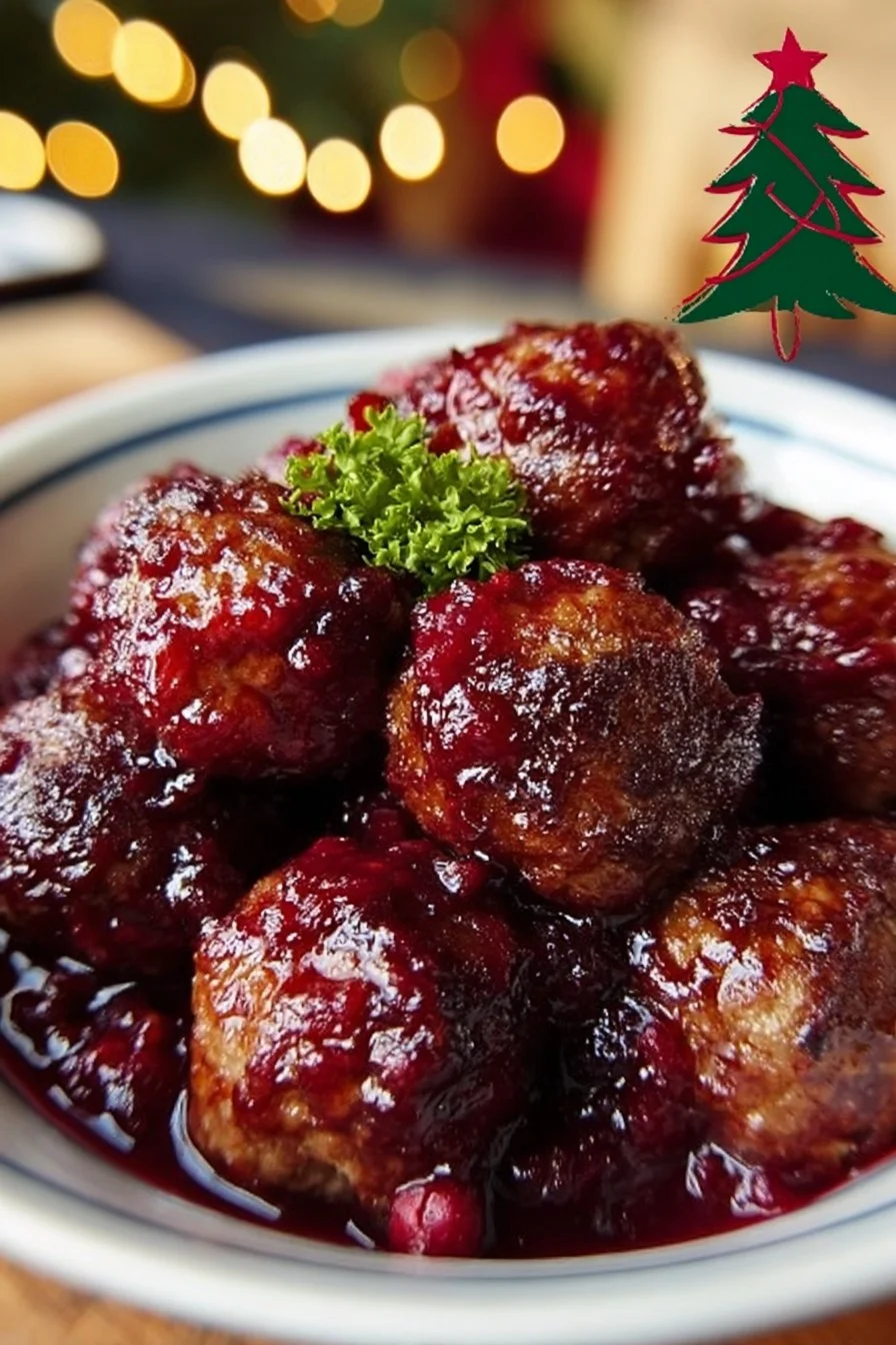 Festive Christmas Cranberry Meatballs served on a platter.