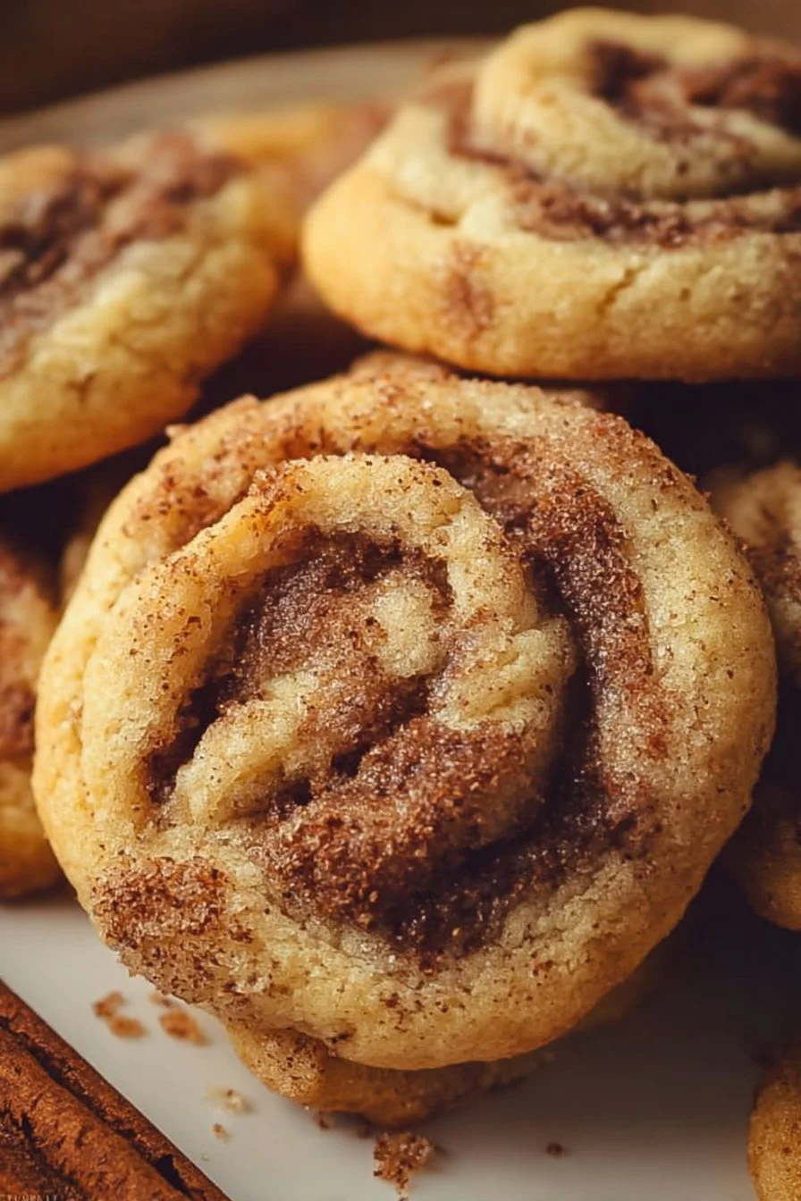 Freshly baked cinnamon roll cookies with icing on a cooling rack