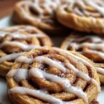 Freshly baked cinnamon roll cookies topped with icing on a tray