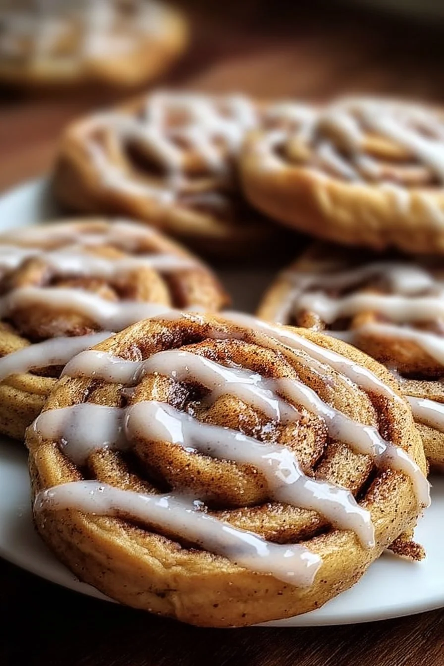 Freshly baked cinnamon roll cookies topped with icing on a tray