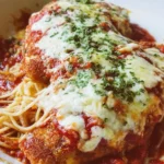 Delicious plate of classic Chicken Parmesan with cheese and herbs