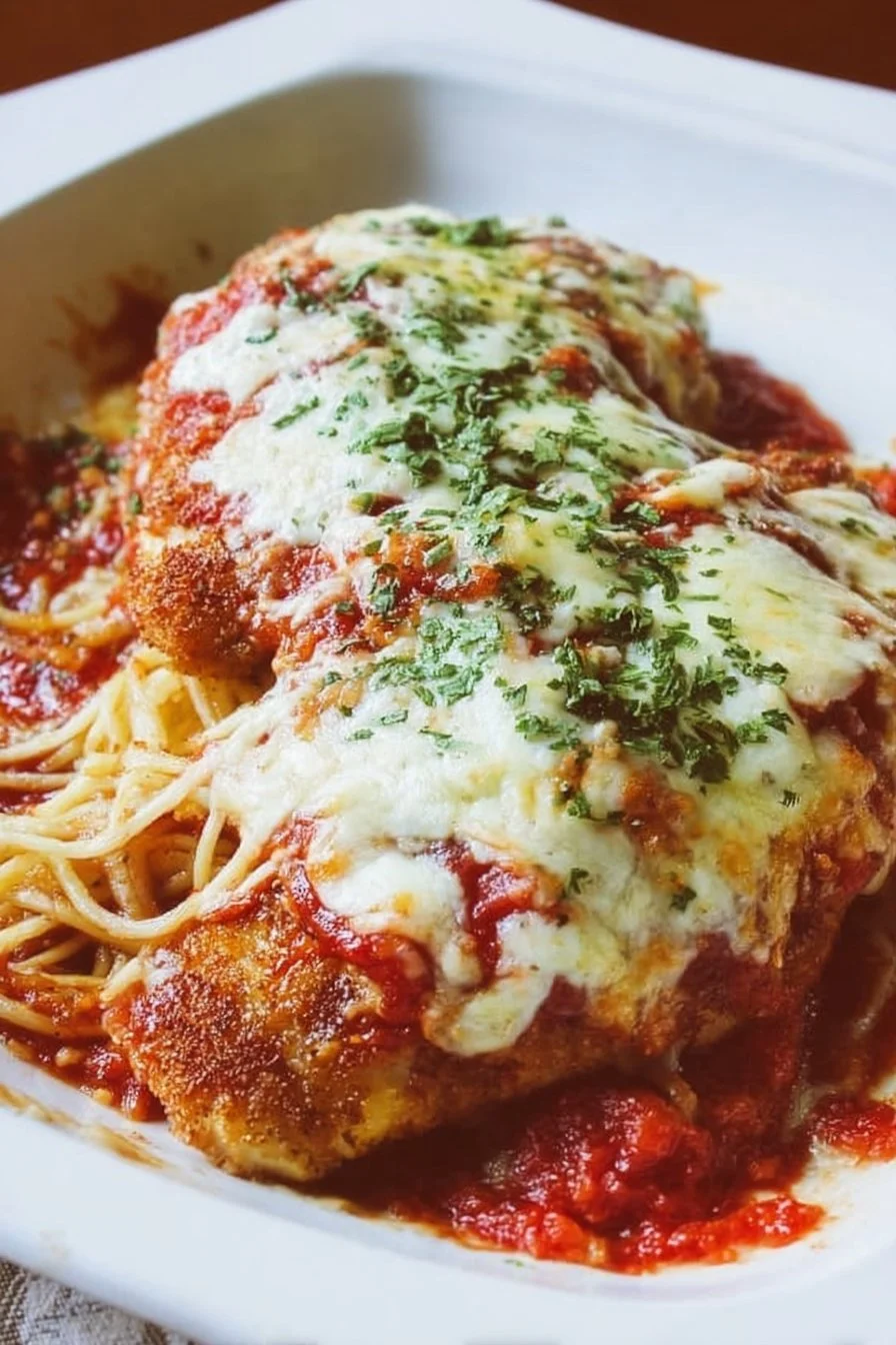 Delicious plate of classic Chicken Parmesan with cheese and herbs