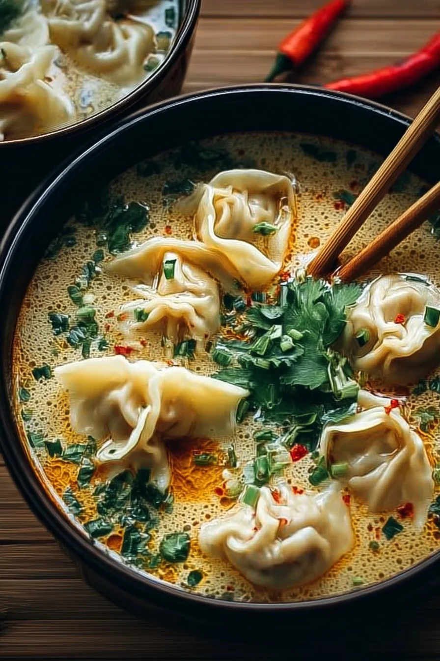 A warm bowl of Thai Potsticker Soup with fresh herbs and potstickers.