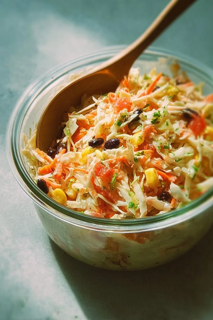 Bowl of cowboy coleslaw with vibrant vegetables and dressing