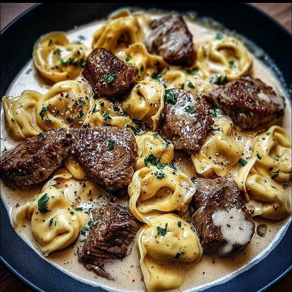 Cracked Garlic Steak Tortellini served in creamy sauce