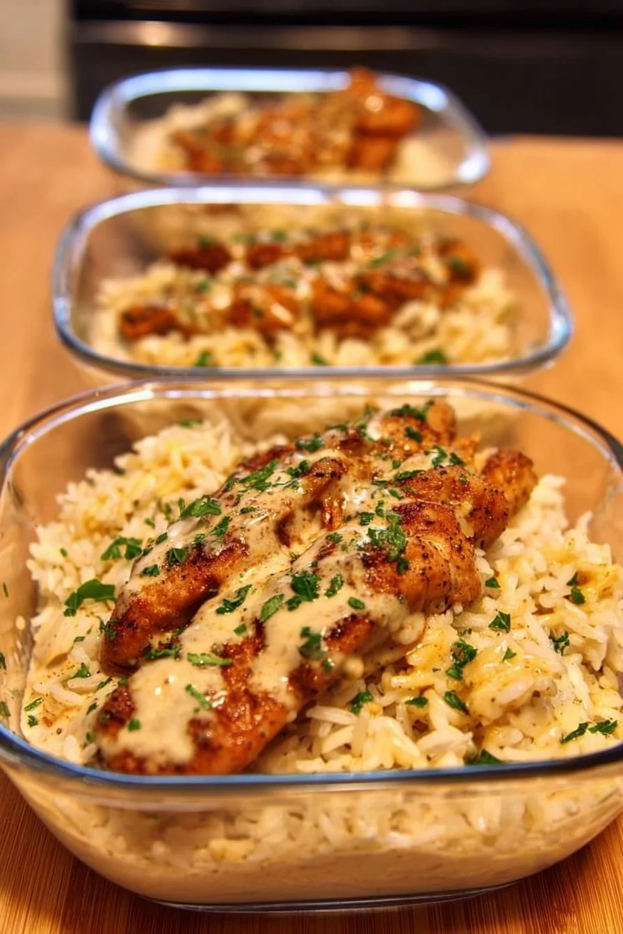 Creamy Cajun chicken and rice bowl topped with fresh parsley