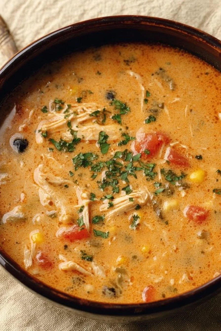 Bowl of creamy chicken tortilla soup garnished with tortilla strips and avocado