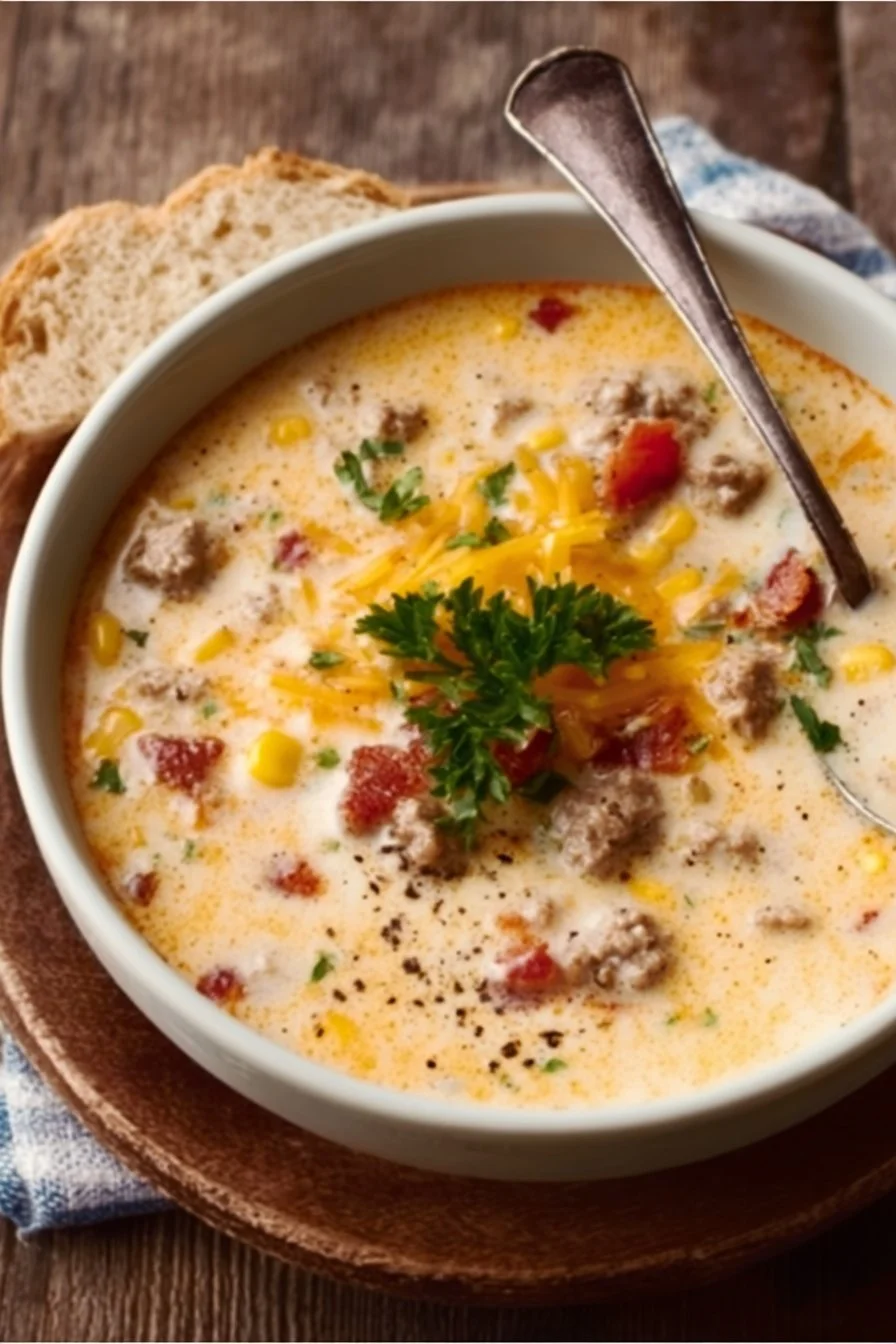 Bowl of creamy cowboy soup garnished with herbs and served with bread.