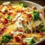 Creamy low carb chicken casserole with vegetables and cheese in a baking dish