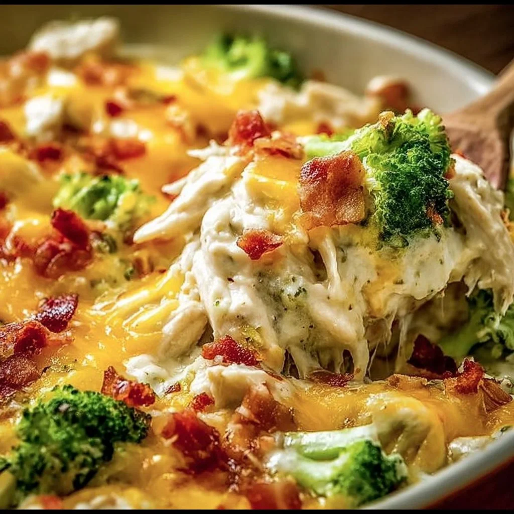 Creamy low carb chicken casserole with vegetables and cheese in a baking dish