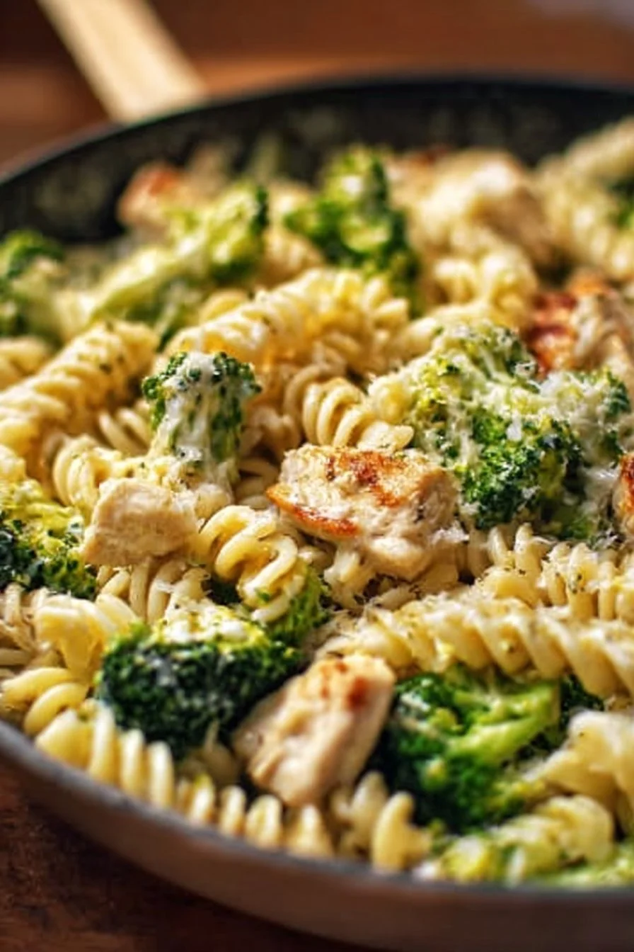 Creamy rotisserie chicken broccoli pasta prepared in a serving dish