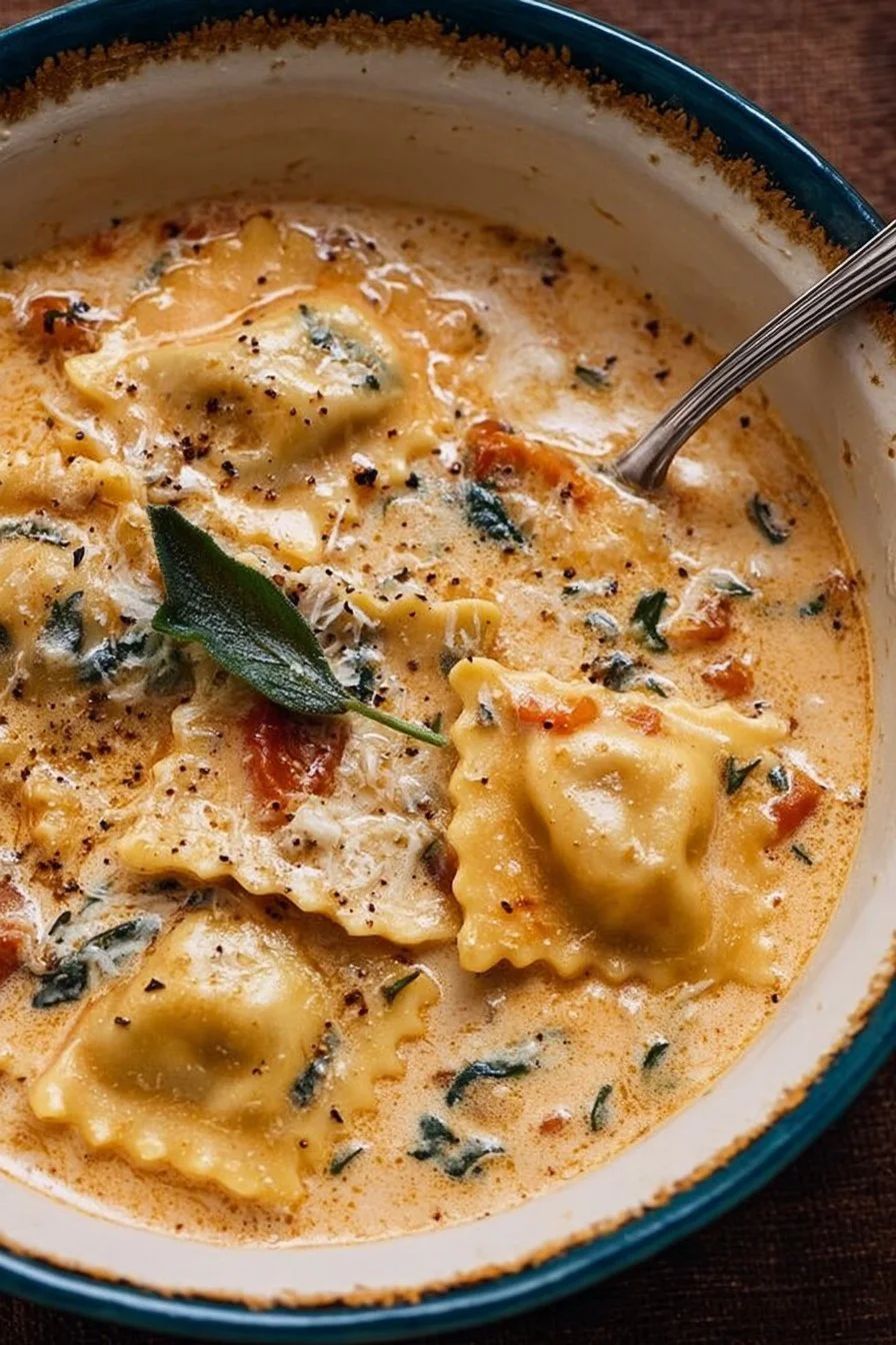 Delicious creamy Tuscan Ravioli Soup served in a cozy bowl with fresh herbs.