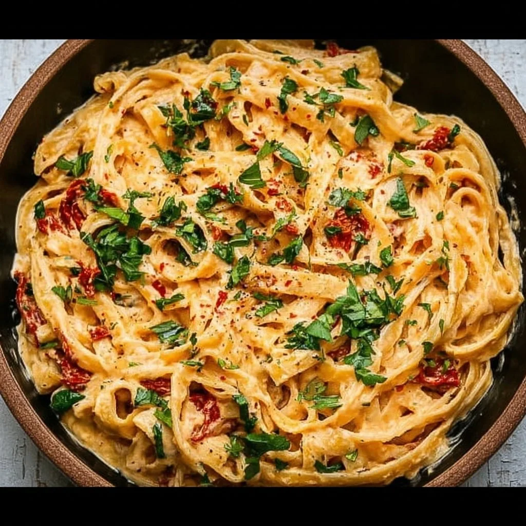 Creamy vegan sun-dried tomato pasta served in a bowl with fresh basil.