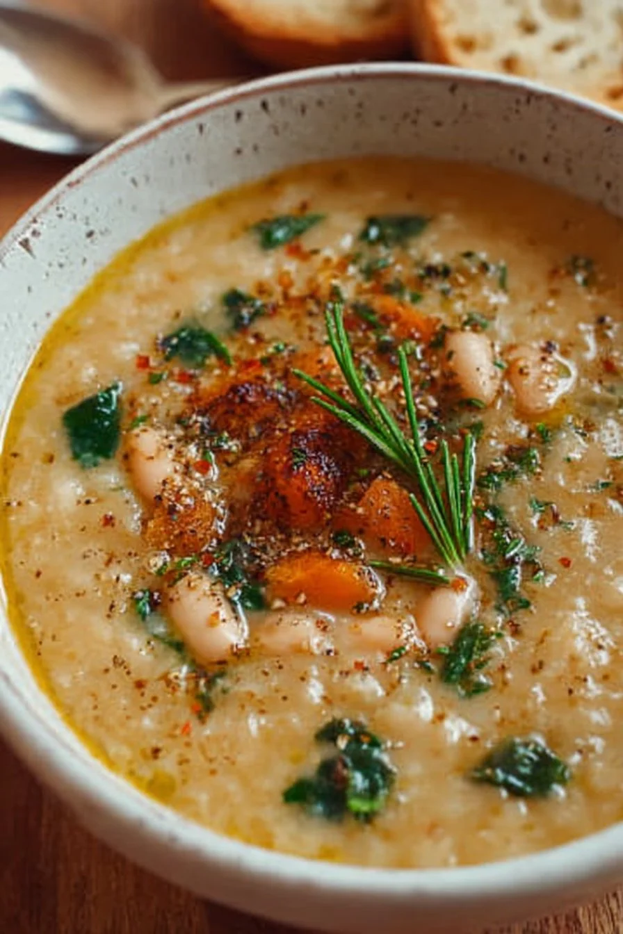 Bowl of creamy vegan white bean soup topped with herbs and spices.