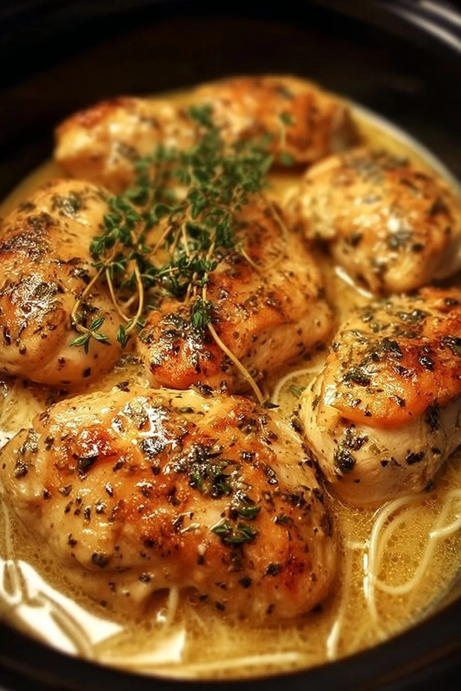 Delicious Crock Pot Angel Chicken served with rice and vegetables