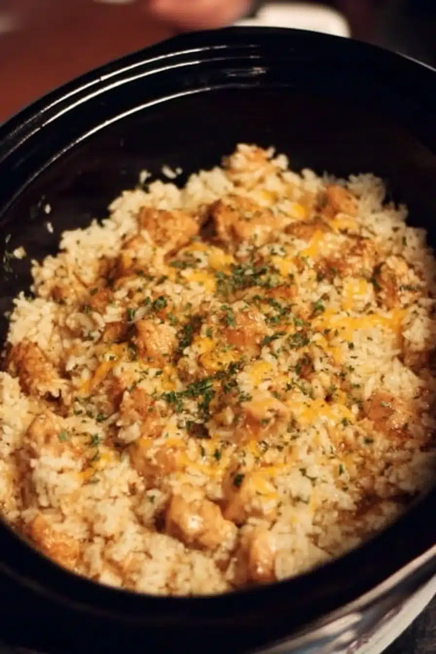 Crock Pot Chicken and Rice dish with vegetables in a bowl