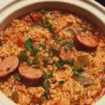 Delicious Crock Pot Jambalaya ready to serve with shrimp, sausage, and spices